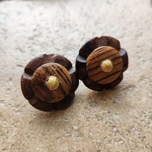 Vintage Two-Toned Wooden Leverback Clip-On Earrings with Gold Bead Accent